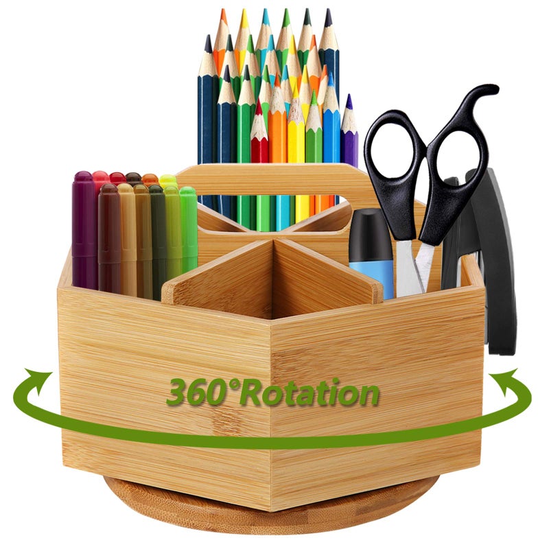 Marbrasse Bamboo Art Supply Organizer, Rotating Pencil Pen Holder, Office Supplies Desktop Storage Caddy, Like Colored Pencils, Pen, Markers, Paint Brushes - Image 1